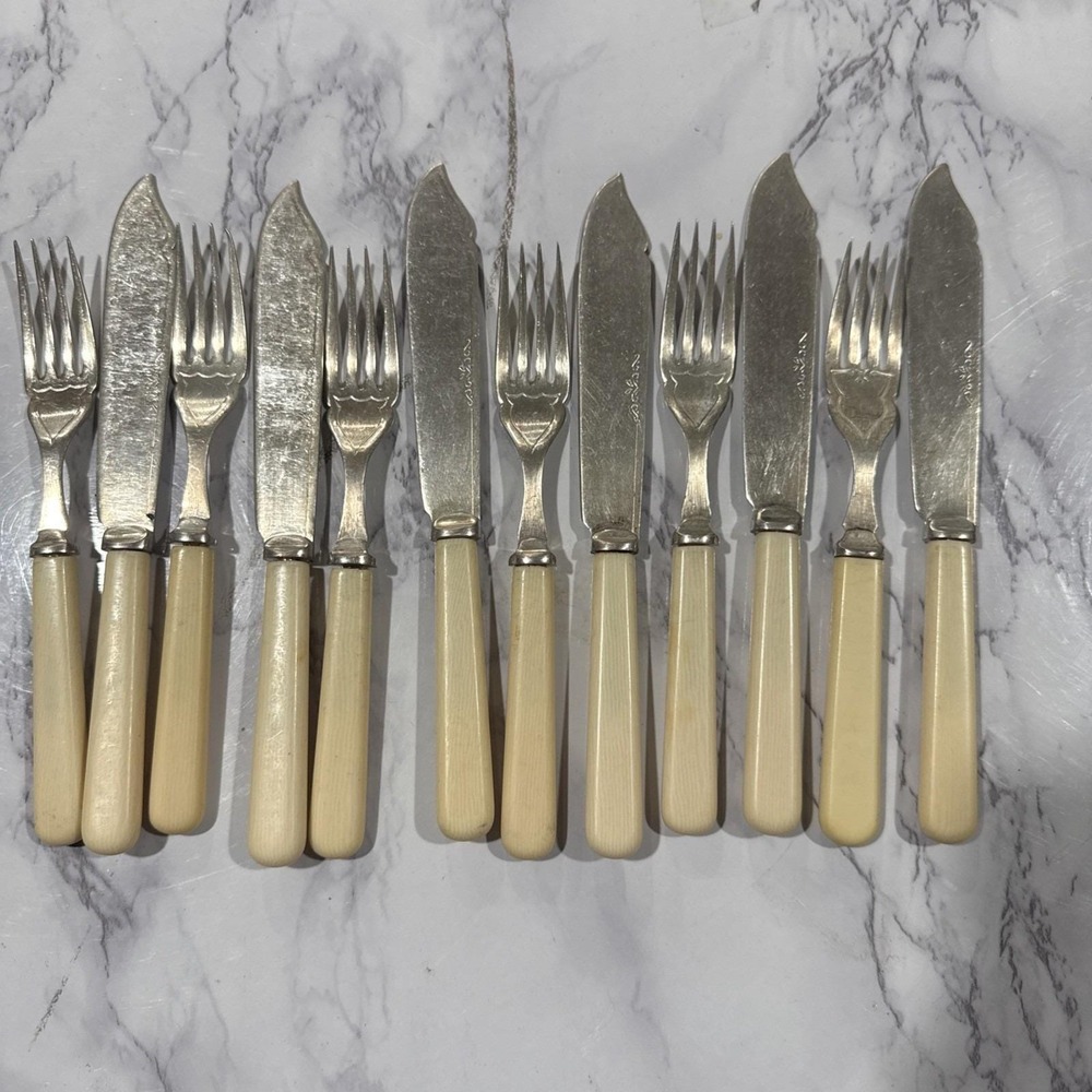 6 Sets Antique Fish Serving Knife & Fork Silver Plate Celluloid Handles D&S G